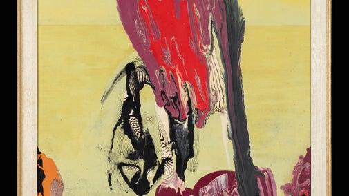 Abstract painting with mostly yellow background and shapes in orange, greys, pinks and reds.